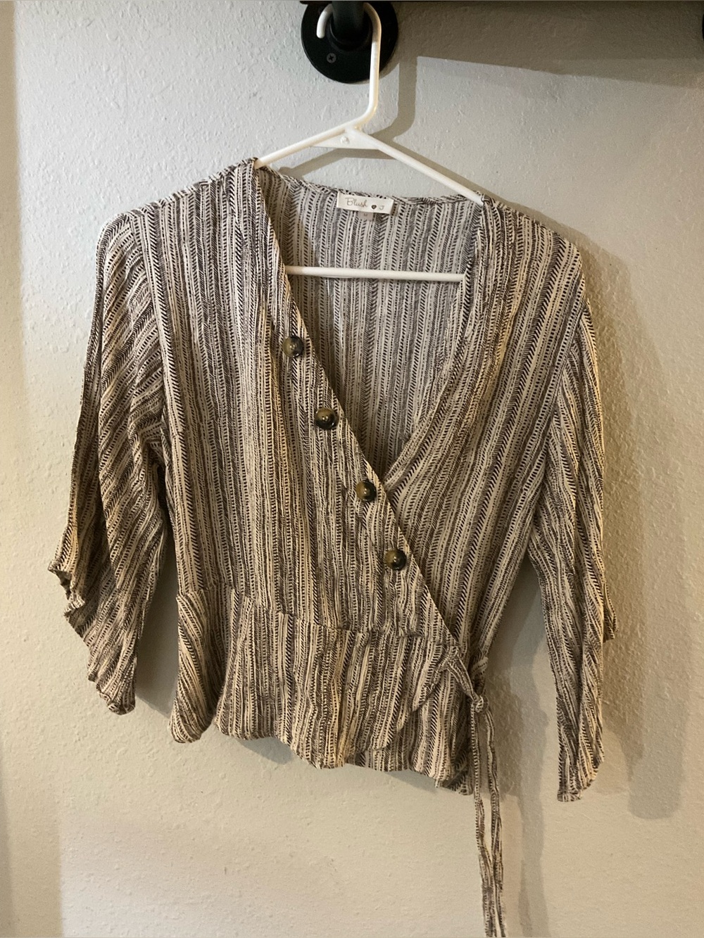 Striped Tie-Waist Wrap Top in Beige